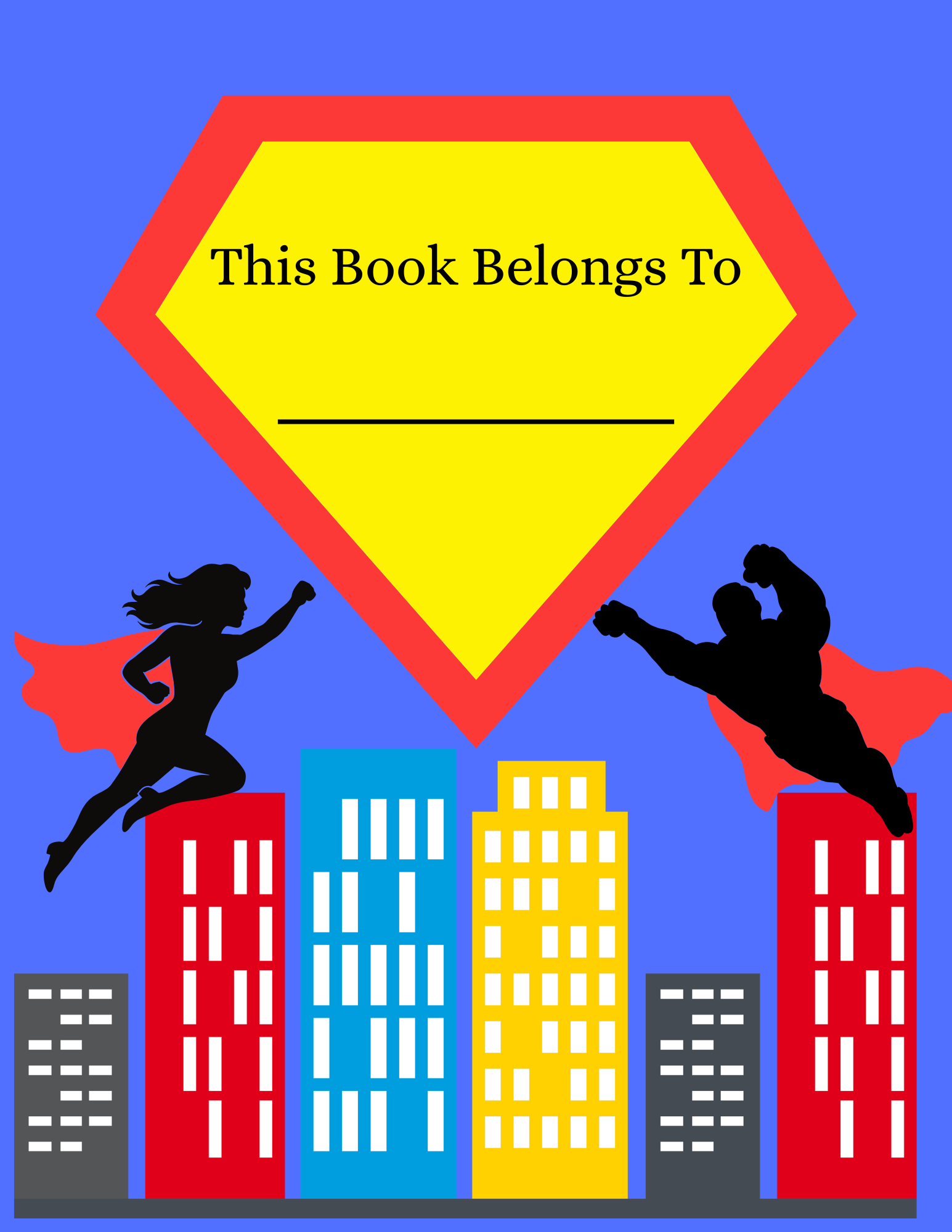 Book cover with superhero silhouettes and a 'This Book Belongs To' text box on a blue background.